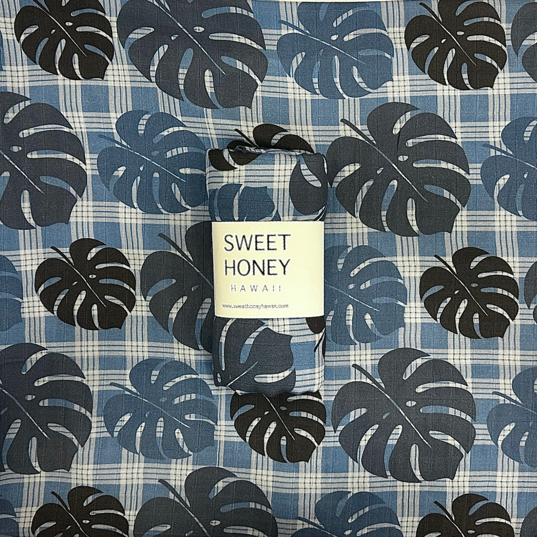 Blue Palaka Monstera Swaddle Blanket - Sweet Sweet Honey Hawaii