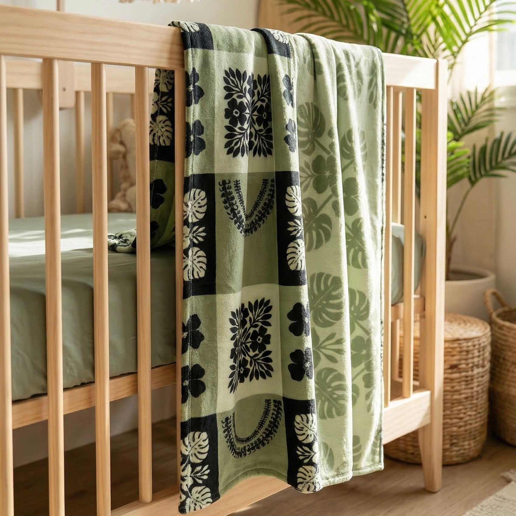 Large: Ho'opili Black/Green Aina Bloom Minky Blanket - Sweet Sweet Honey Hawaii