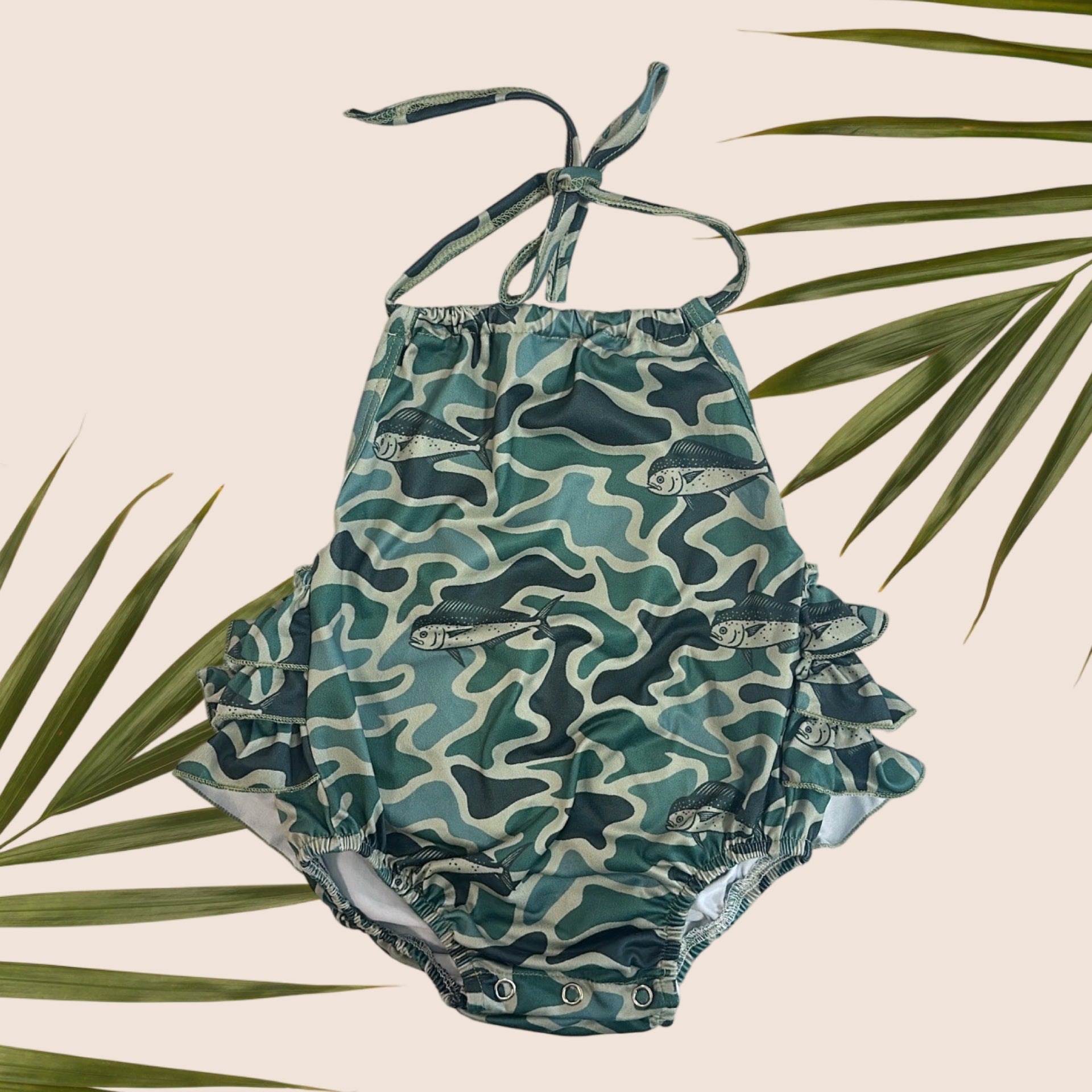 Mahi Mahi Green Camo Ruffle Halter Romper - Sweet Sweet Honey Hawaii