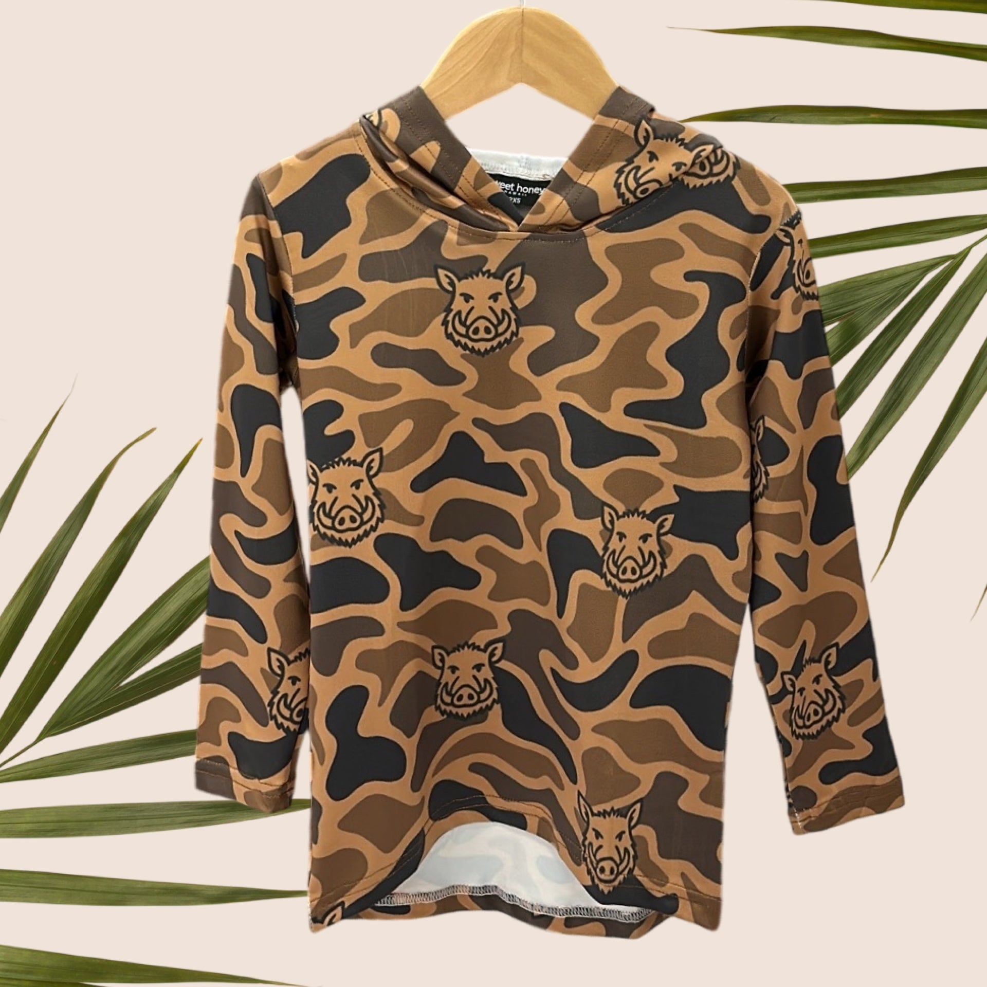 Mens Brown Camo Boar Dri Fit Hooded Long Sleeve Tee - Sweet Sweet Honey Hawaii