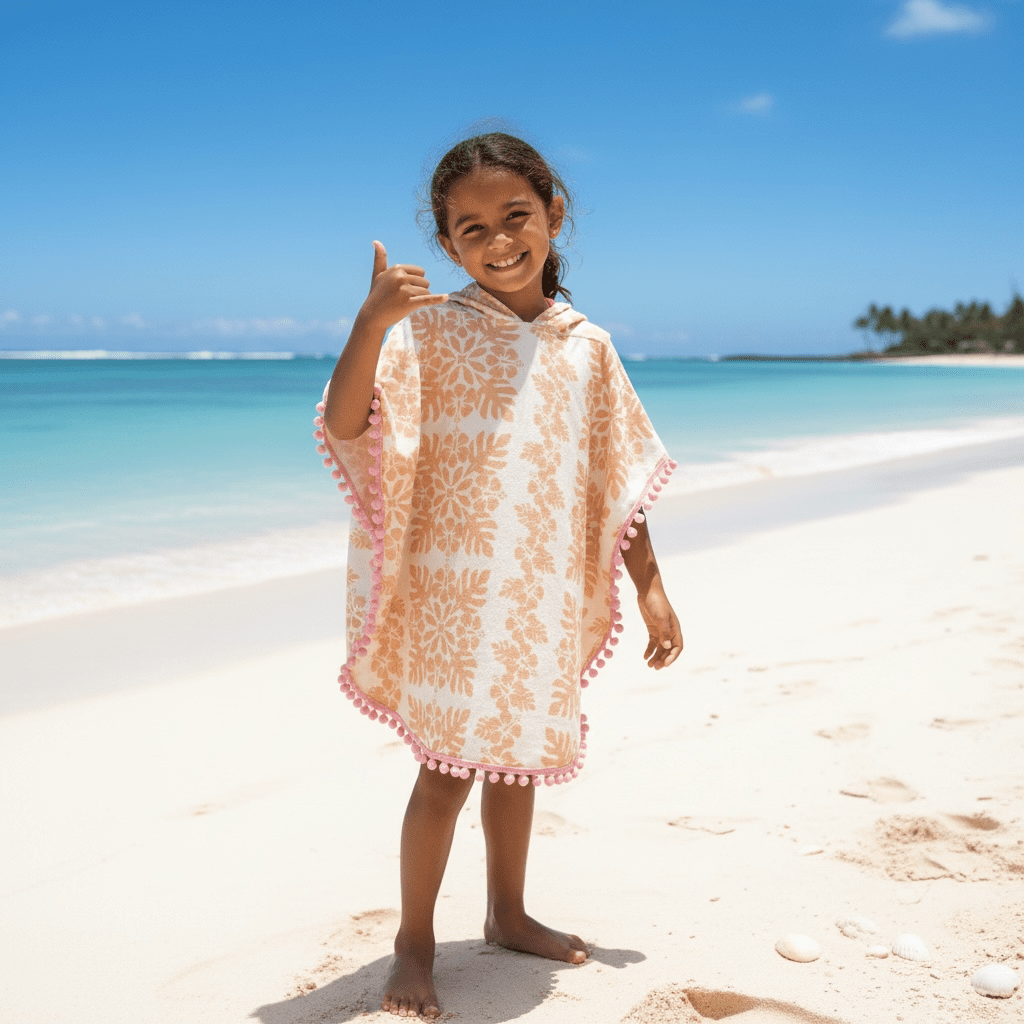 Peach Hibiscus Quilt Pom Pom Hooded Towel - Sweet Sweet Honey Hawaii